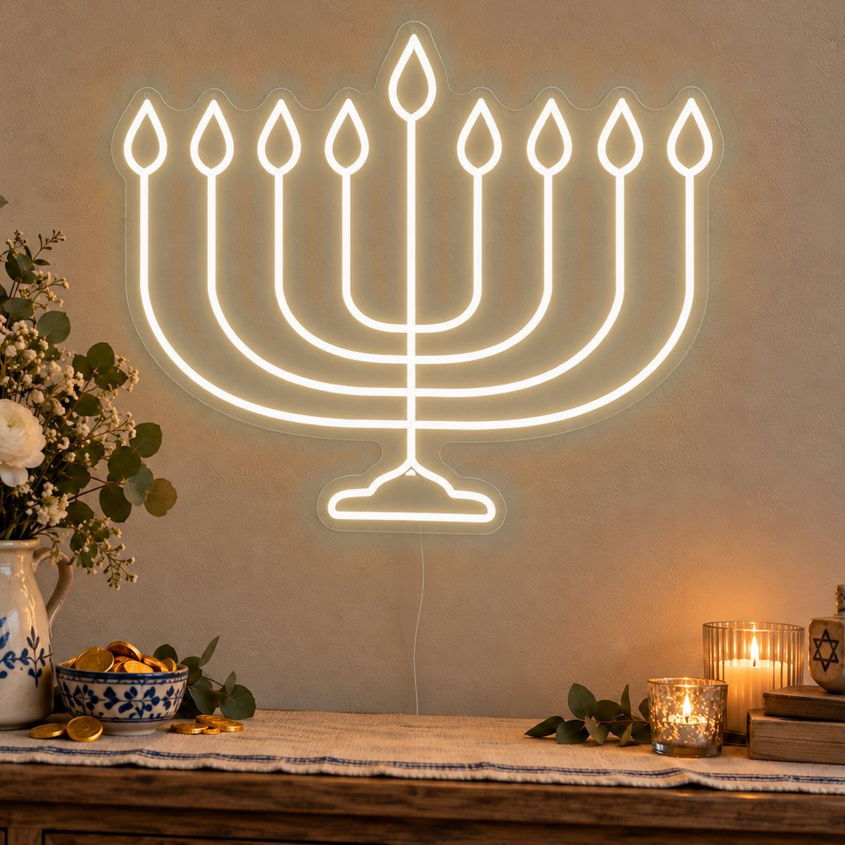 Hanukkiah Neon Sign in warm white LED neon on clear acrylic, angled view