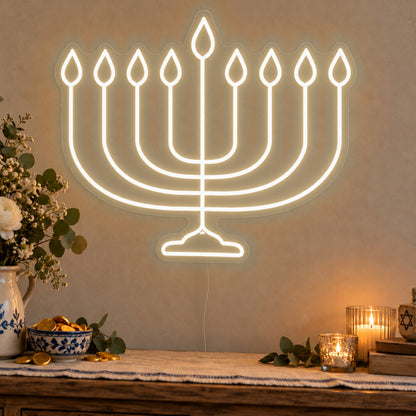 Hanukkiah Neon Sign in warm white LED neon on clear acrylic, angled view