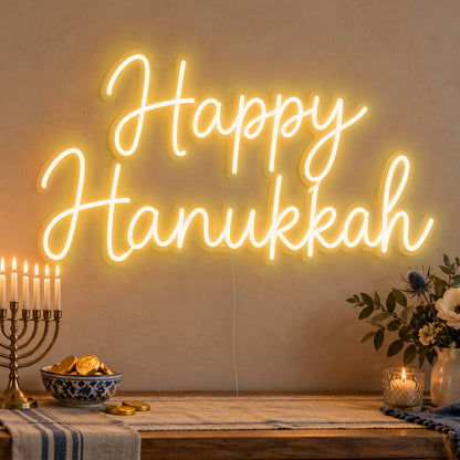 Happy Hanukkah Neon Sign in gold LED neon on clear acrylic, angled view