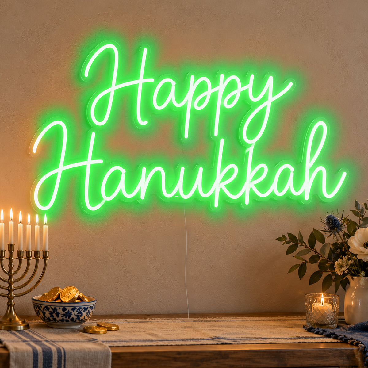 Happy Hanukkah Neon Sign in green LED neon on clear acrylic, angled view