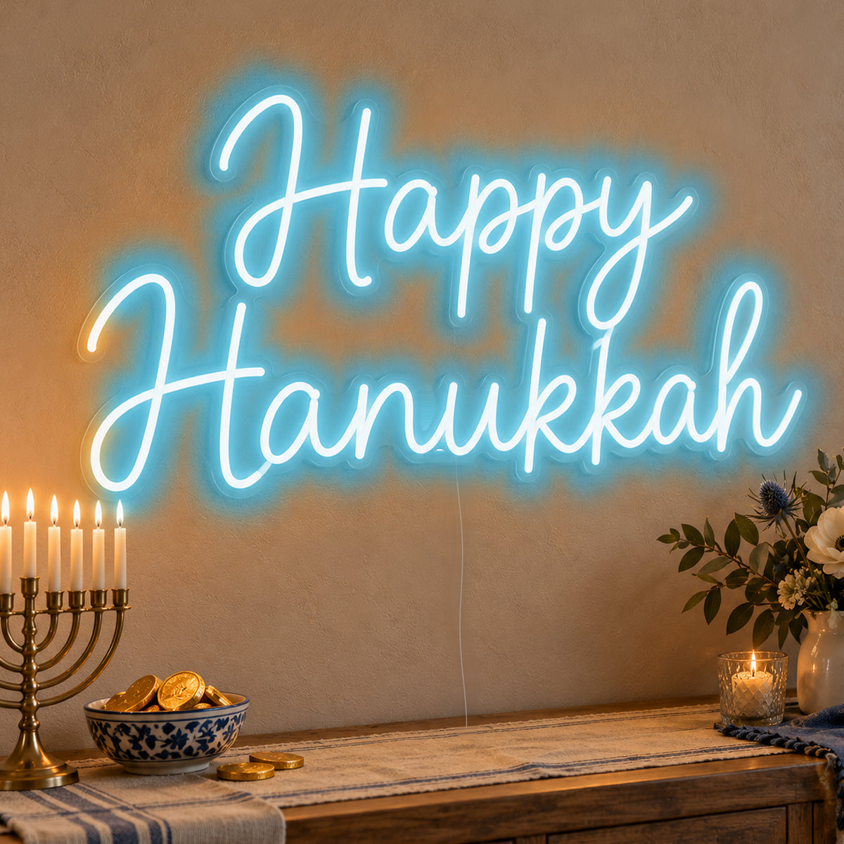 Happy Hanukkah Neon Sign in ice blue LED neon on clear acrylic, angled view
