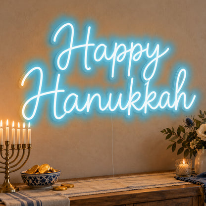 Happy Hanukkah Neon Sign in ice blue LED neon on clear acrylic, angled view