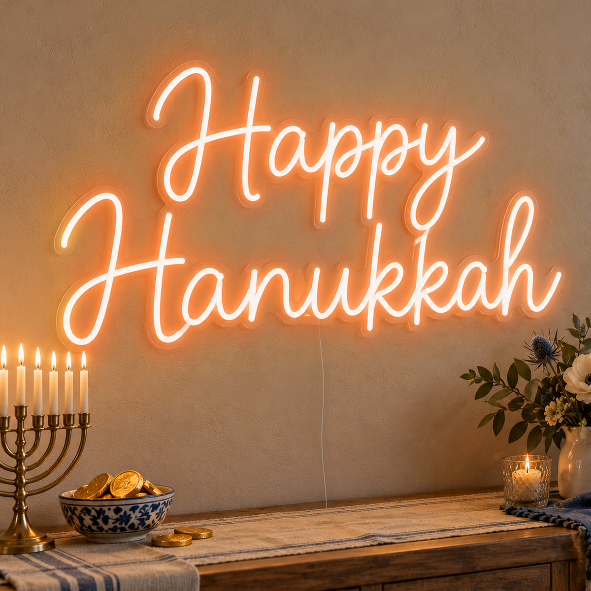 Happy Hanukkah Neon Sign in orange LED neon on clear acrylic, angled view