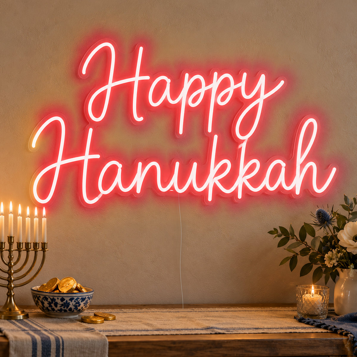 Happy Hanukkah Neon Sign in red LED neon on clear acrylic, angled view