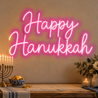Happy Hanukkah Neon Sign in rose red LED neon on clear acrylic, angled view