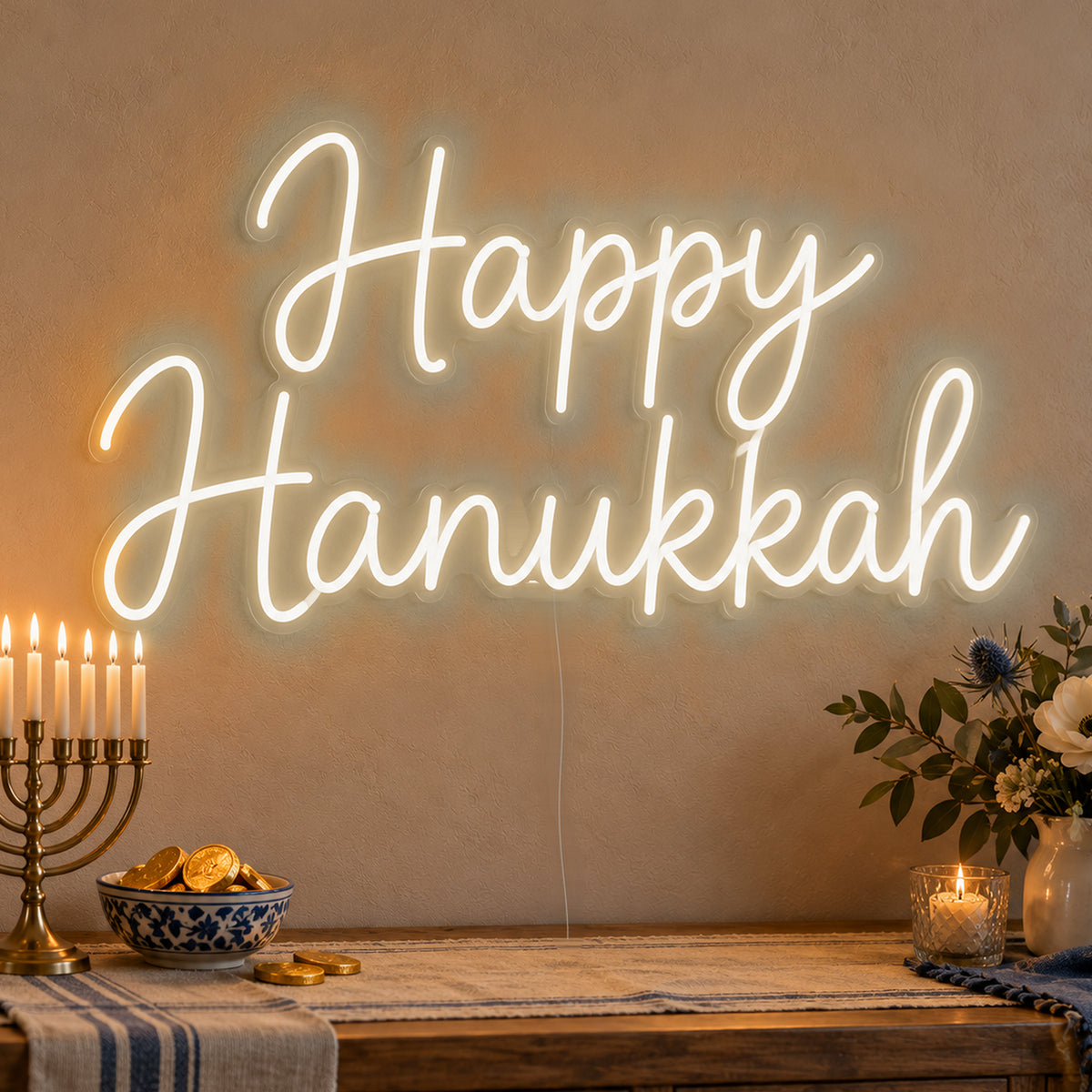 Happy Hanukkah Neon Sign in warm white LED neon on clear acrylic, angled view