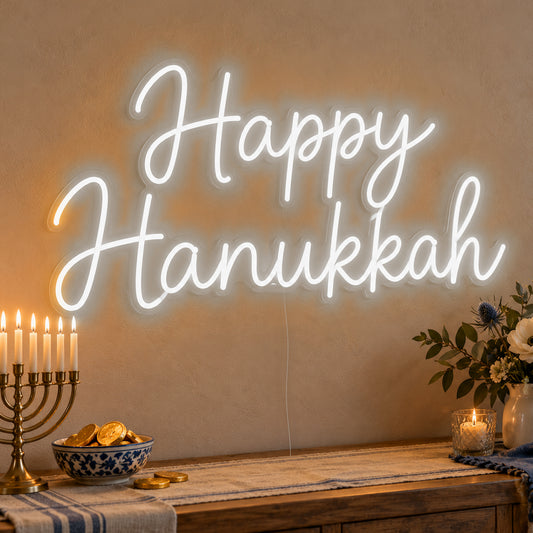 Happy Hanukkah Neon Sign in white LED neon on clear acrylic, angled view