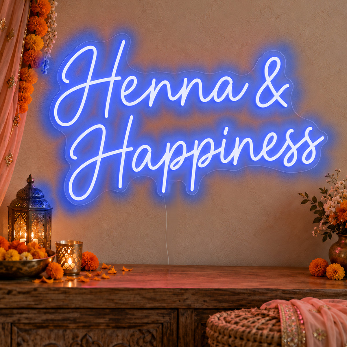 Henna Happiness Neon Sign in blue LED neon on clear acrylic, angled view