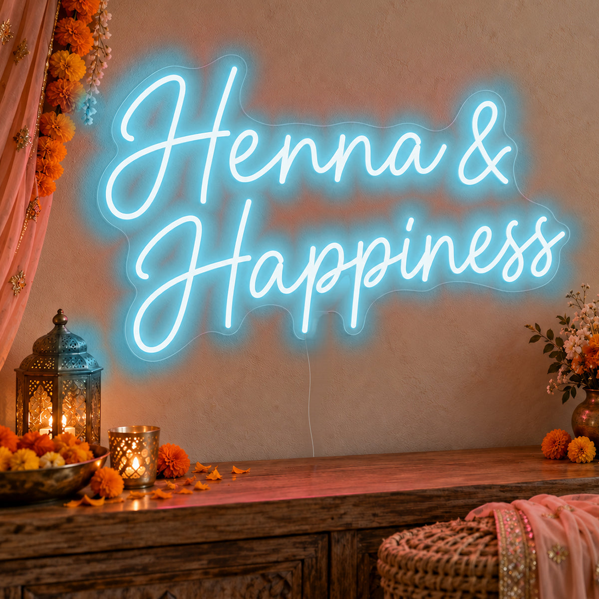 Henna Happiness Neon Sign in ice blue LED neon on clear acrylic, angled view