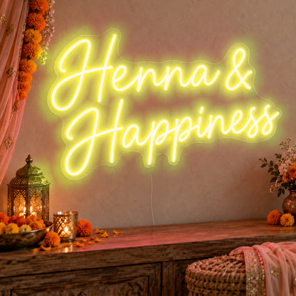 Henna Happiness Neon Sign in yellow LED neon on clear acrylic, angled view