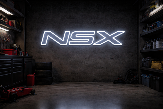 Honda NSX white LED neon outline sign mounted on concrete garage wall