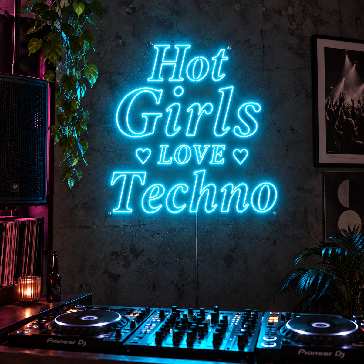 Ice Blue version of the Hot Girls Love Techno Neon Sign, shown with heart details above a DJ setup.