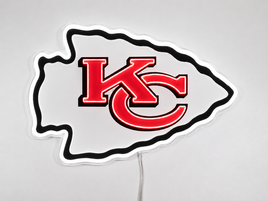 Kansas City Chiefs LED neon sign with arrowhead logo glowing red and white