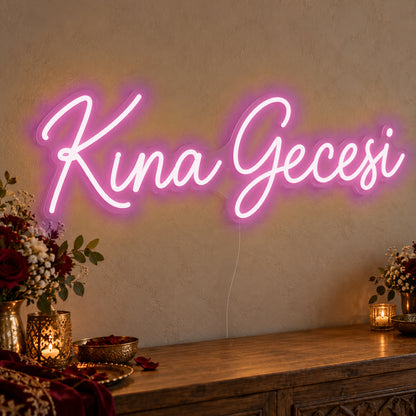 Kına Gecesi Neon Sign in pink LED neon on clear acrylic, angled view