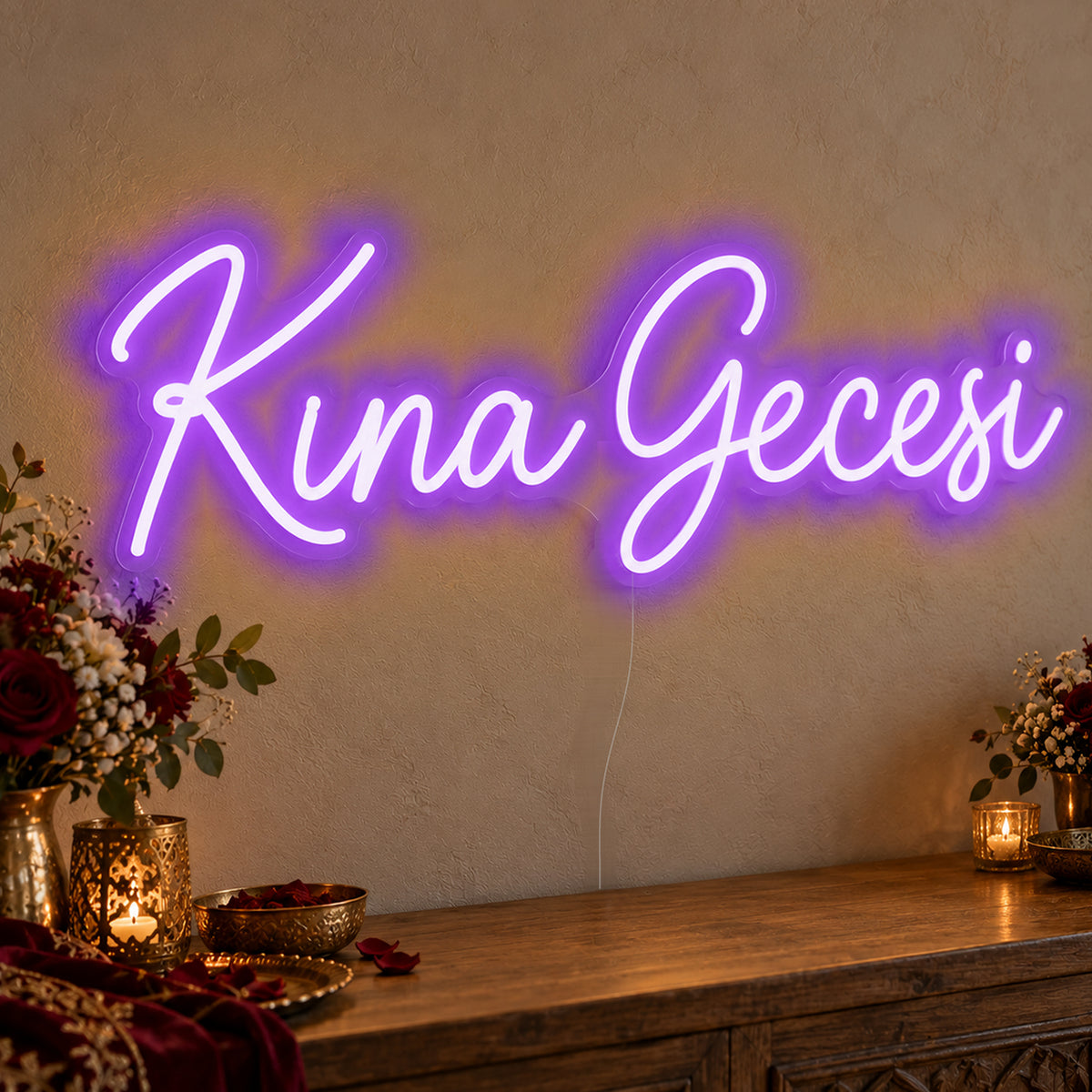 Kına Gecesi Neon Sign in purple LED neon on clear acrylic, angled view