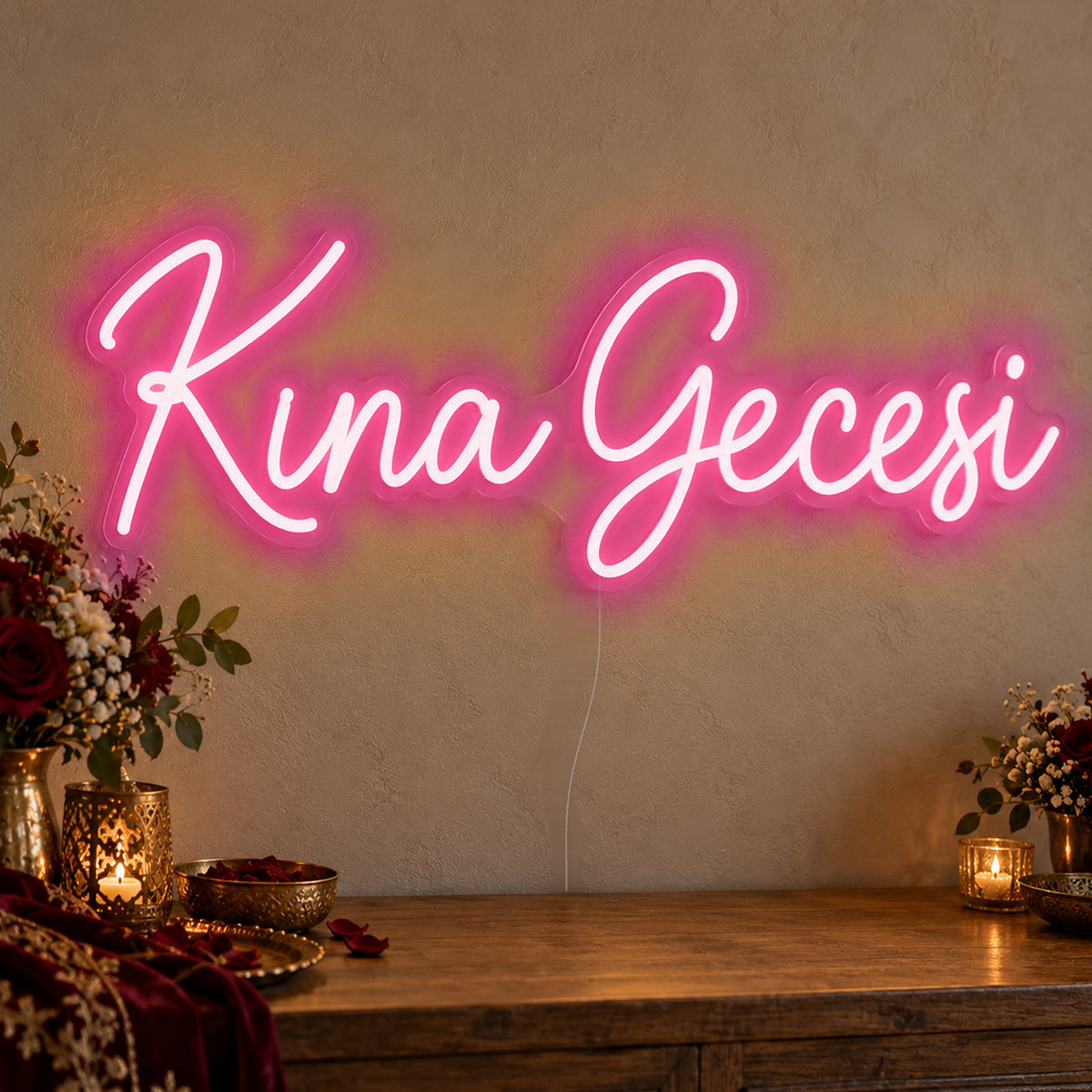 Kına Gecesi Neon Sign in rose red LED neon on clear acrylic, angled view