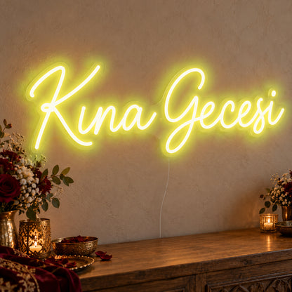 Kına Gecesi Neon Sign in yellow LED neon on clear acrylic, angled view