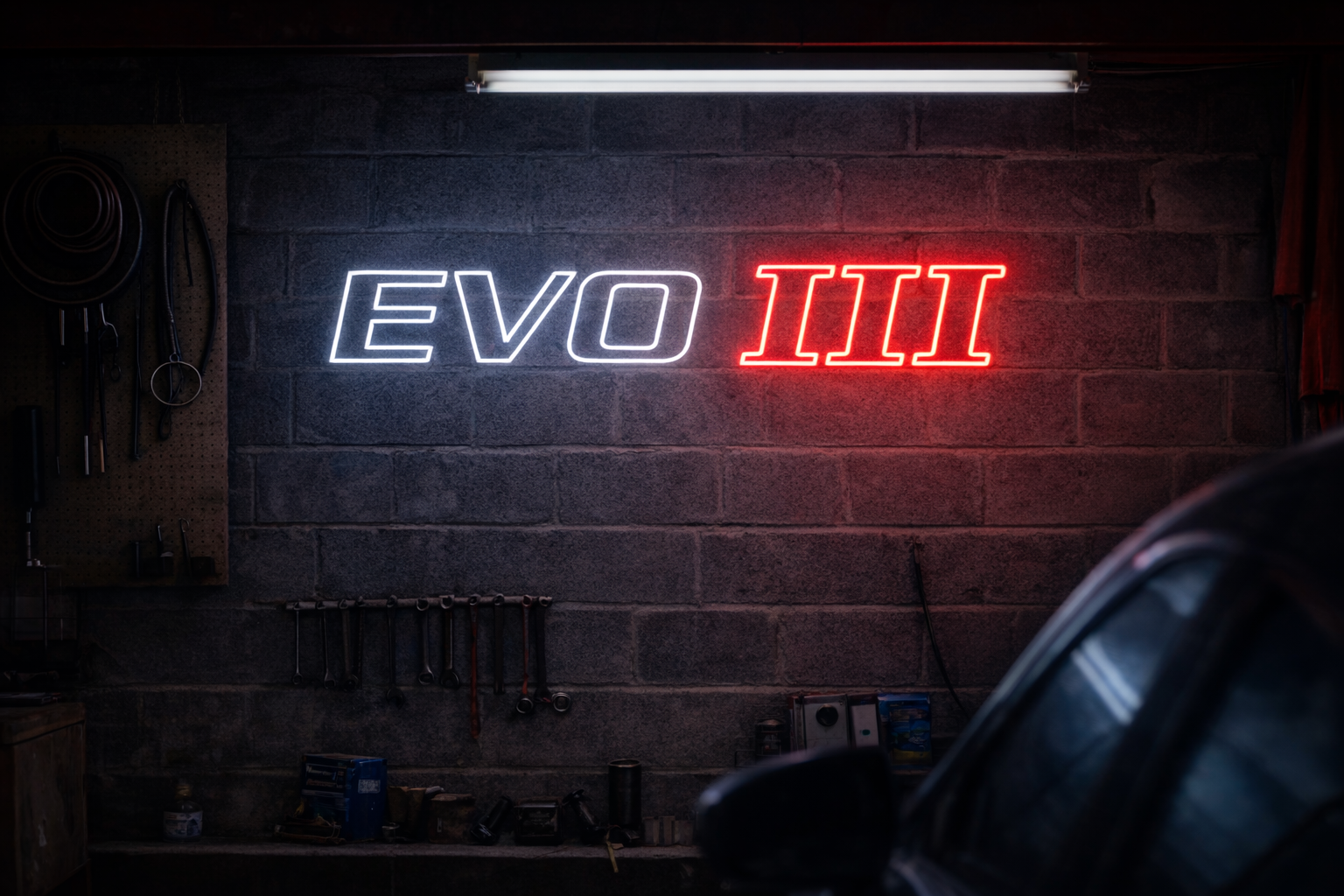 Lancer Evolution III inspired LED neon sign in red and white mounted on garage wall Australia