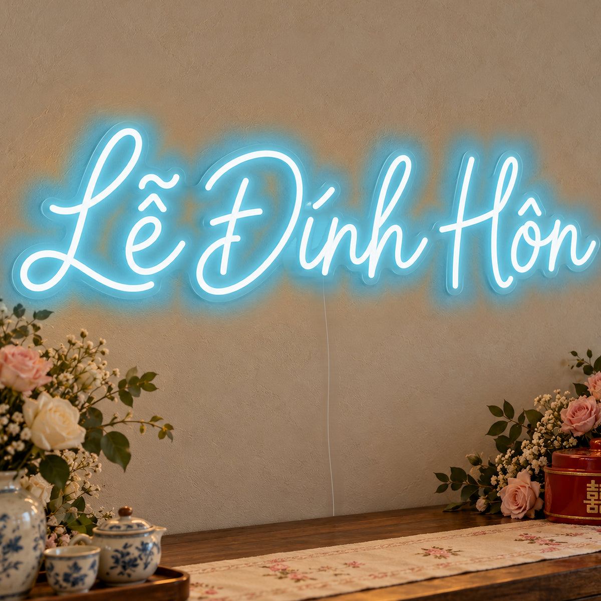 Lễ Đính Hôn Neon Sign in ice blue LED neon on clear acrylic, angled view
