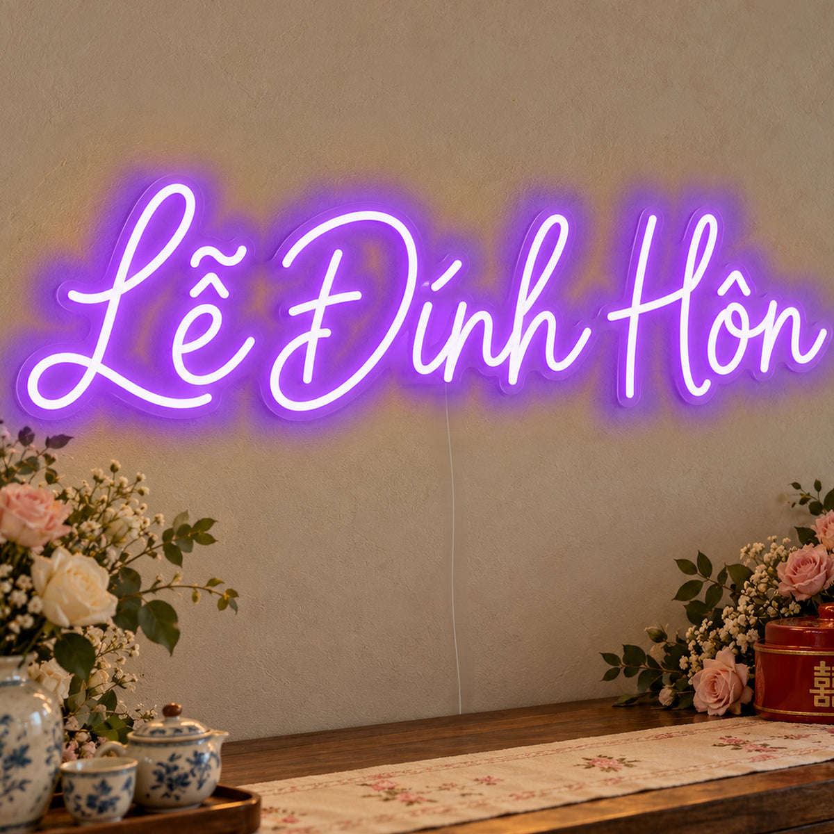 Lễ Đính Hôn Neon Sign in purple LED neon on clear acrylic, angled view