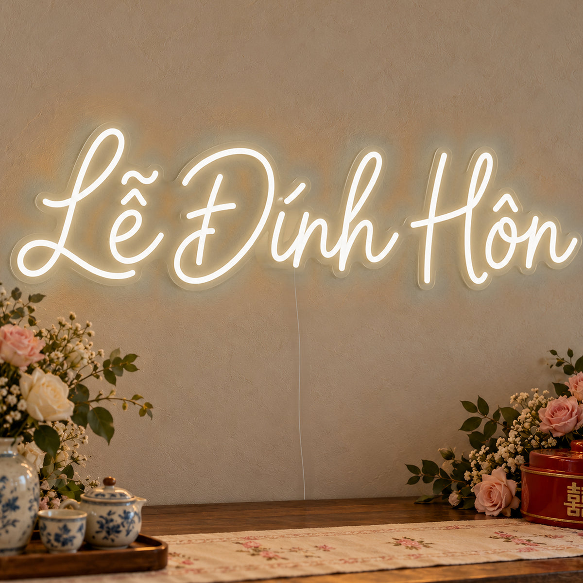 Lễ Đính Hôn Neon Sign in warm white LED neon on clear acrylic, angled view