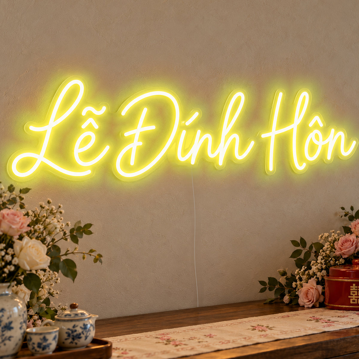 Lễ Đính Hôn Neon Sign in yellow LED neon on clear acrylic, angled view