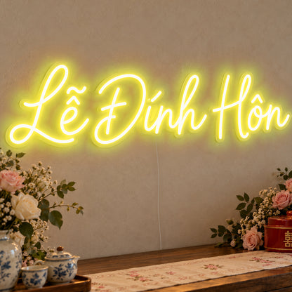 Lễ Đính Hôn Neon Sign in yellow LED neon on clear acrylic, angled view
