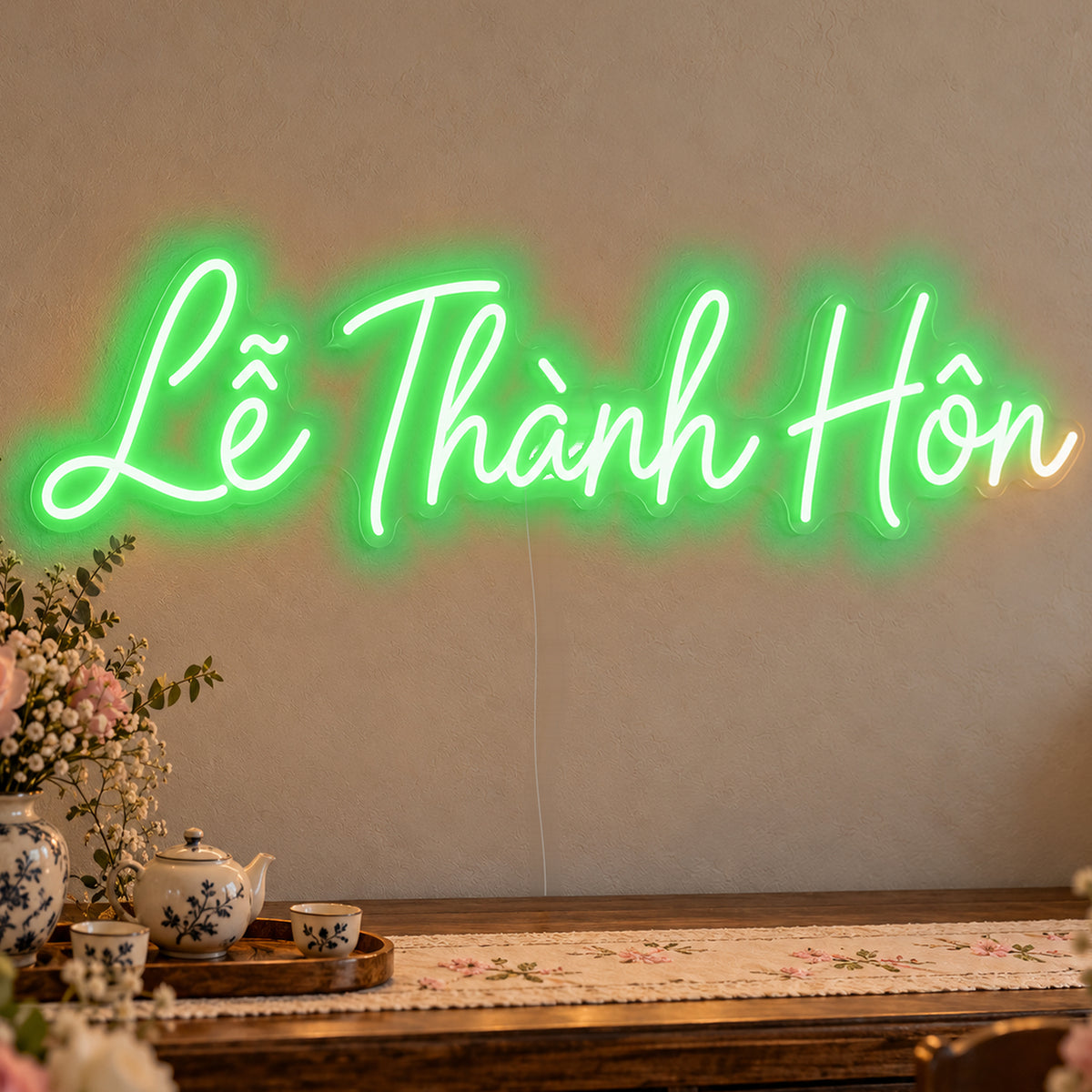 Lễ Thành Hôn Neon Sign in green LED neon on clear acrylic, angled view