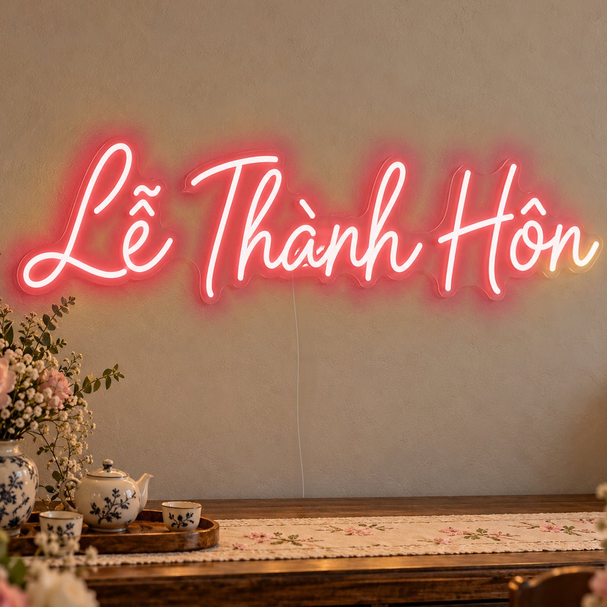 Lễ Thành Hôn Neon Sign in red LED neon on clear acrylic, angled view