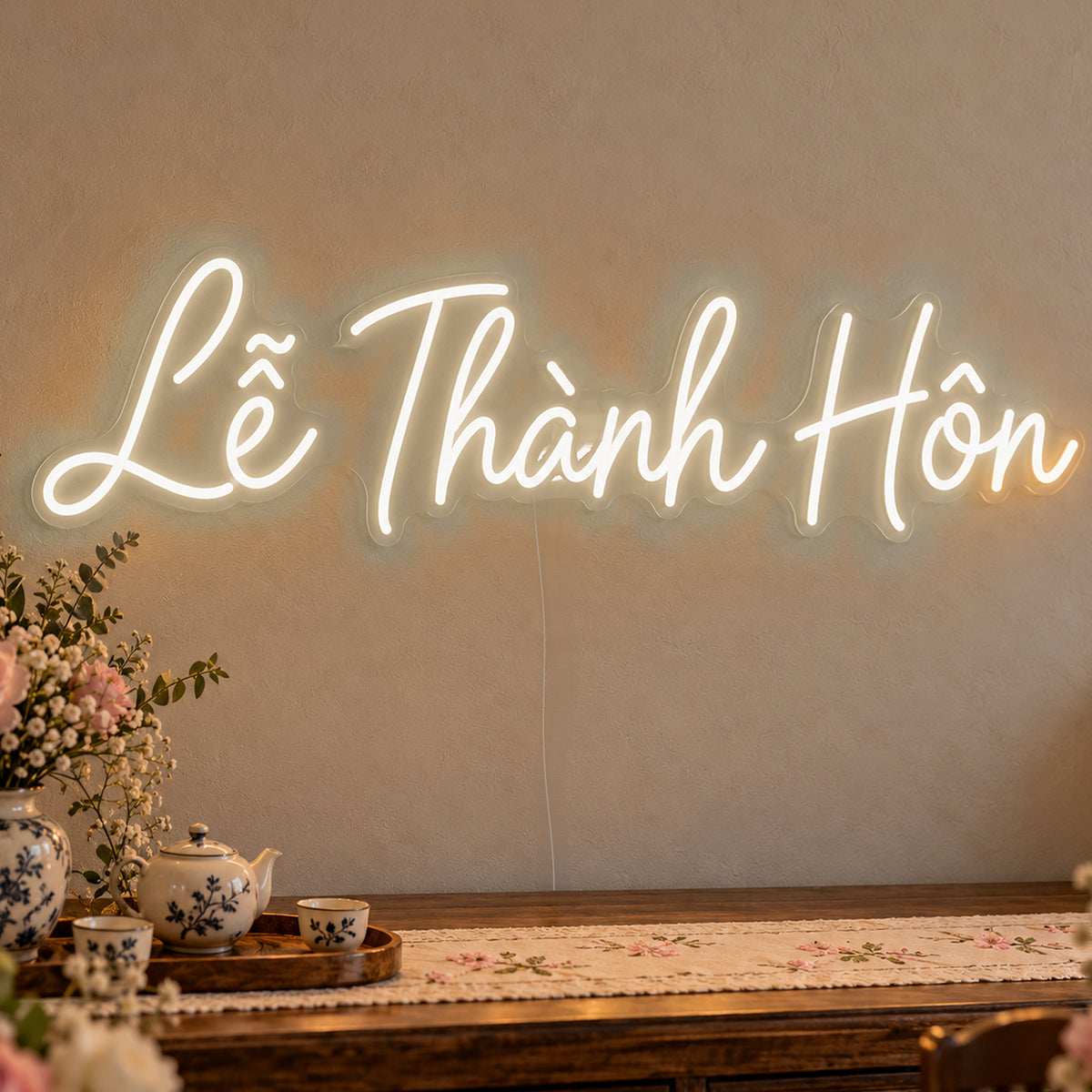 Lễ Thành Hôn Neon Sign in warm white LED neon on clear acrylic, angled view