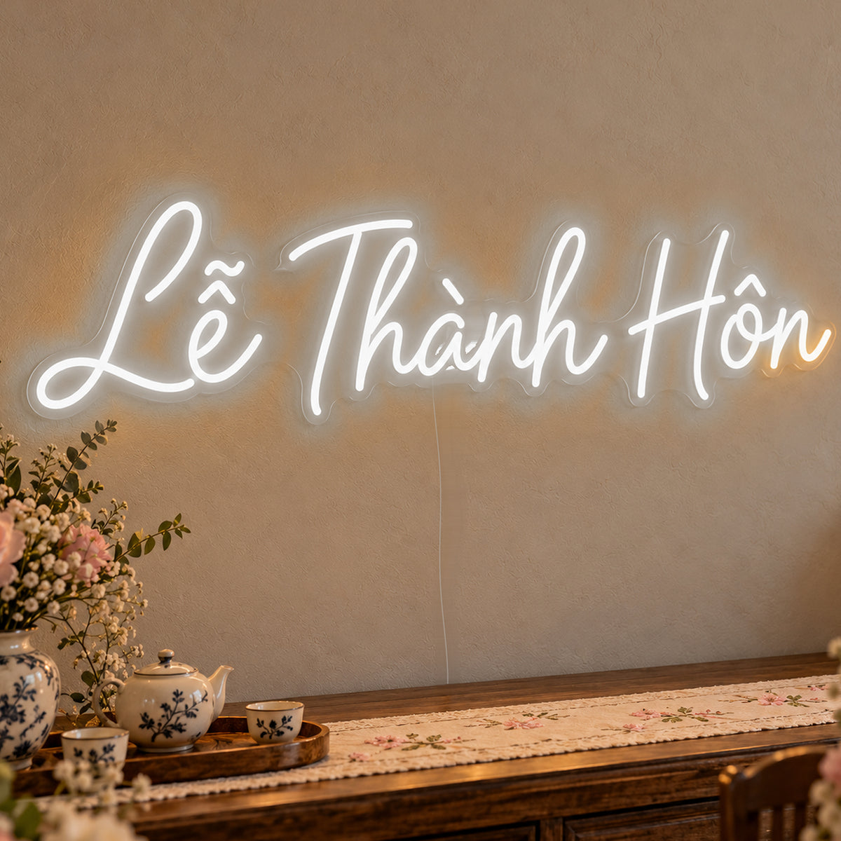 Lễ Thành Hôn Neon Sign in white LED neon on clear acrylic, angled view