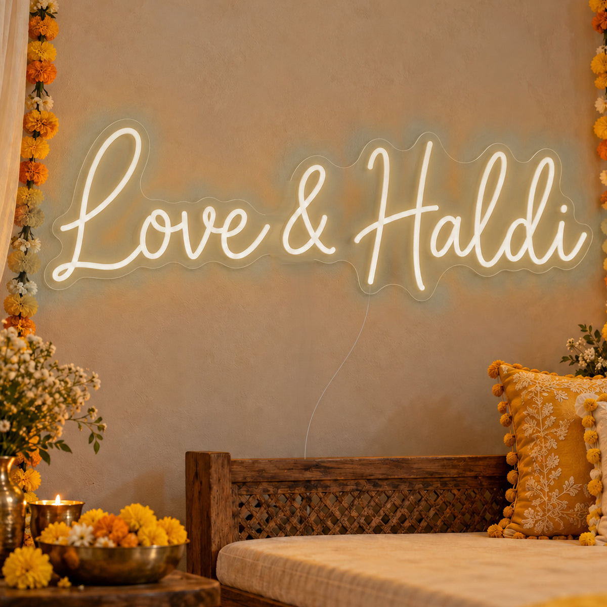 Love Haldi Neon Sign in warm white LED neon on clear acrylic, angled view