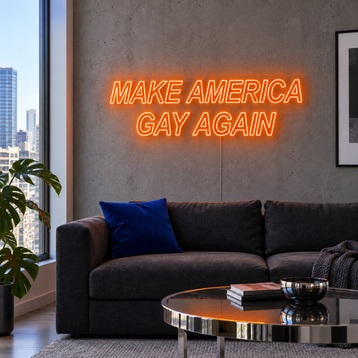 Orange version of the Make America Gay Again Neon Sign, shown above a charcoal sofa.