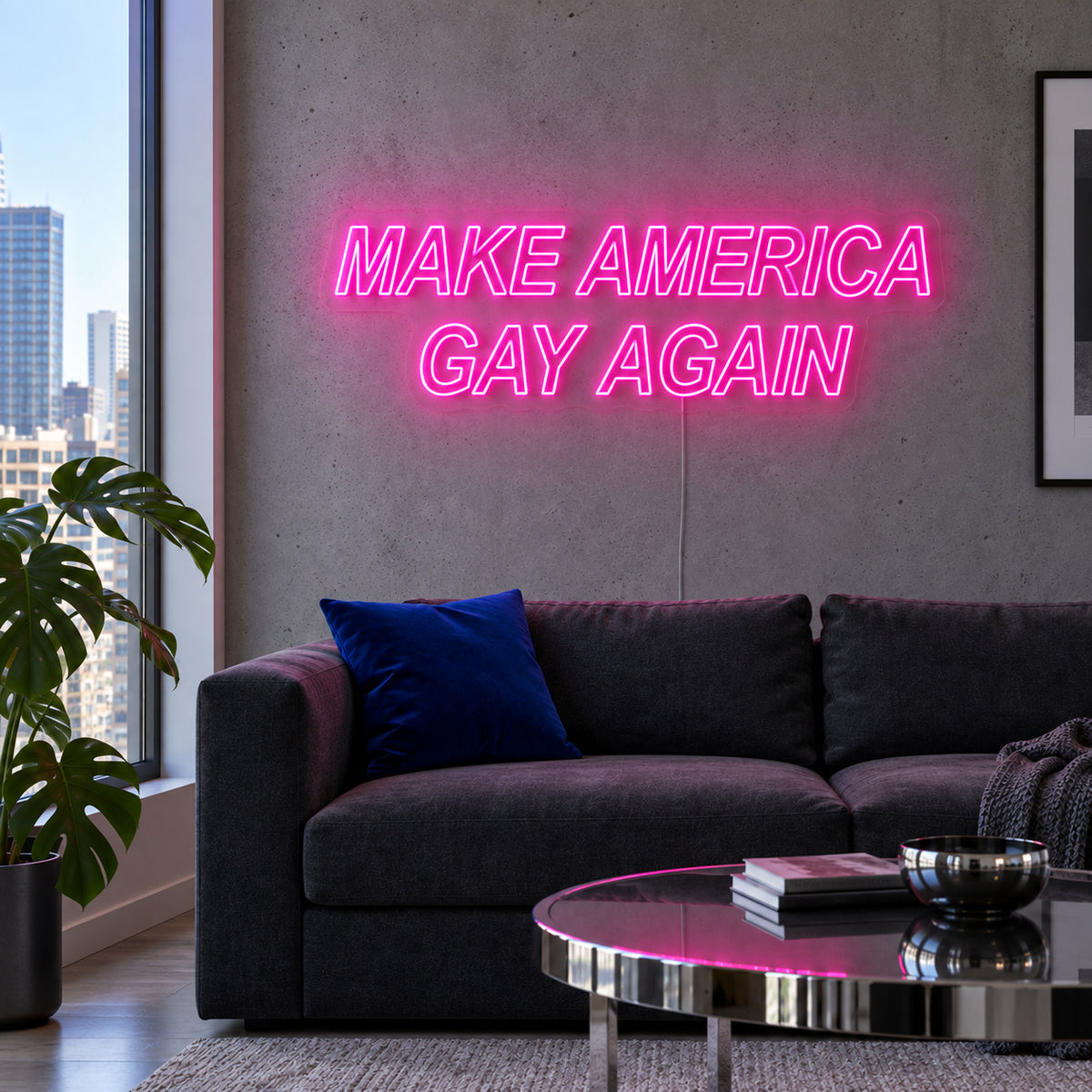 Make America Gay Again Neon Sign glowing pink above a charcoal sofa.