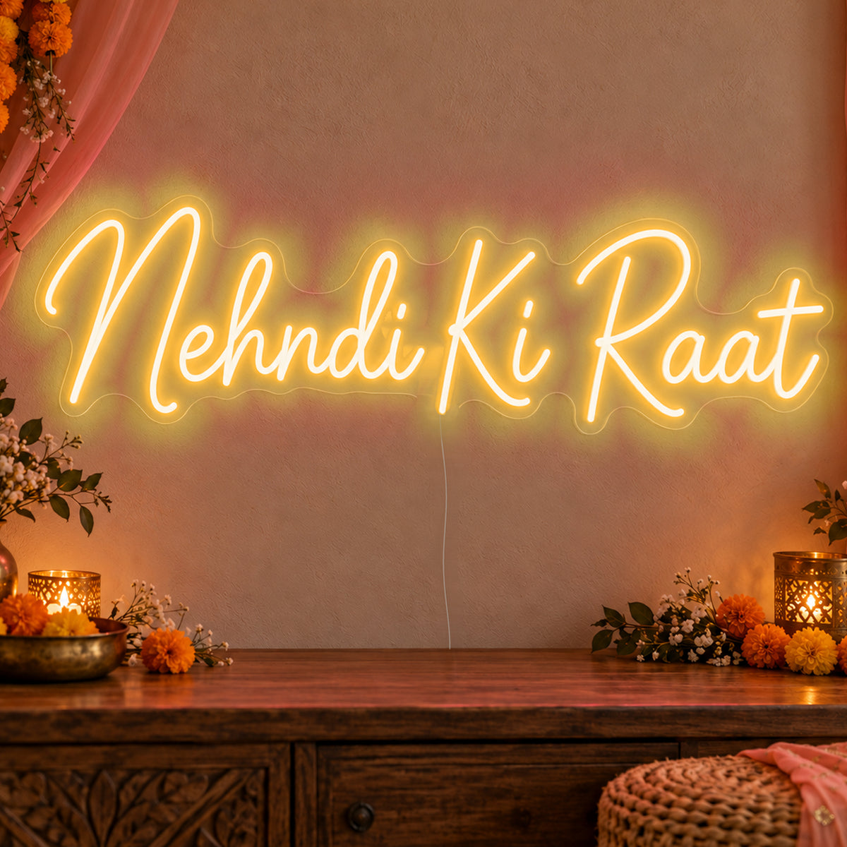 Mehndi Ki Raat Neon Sign in gold LED neon on clear acrylic, angled view