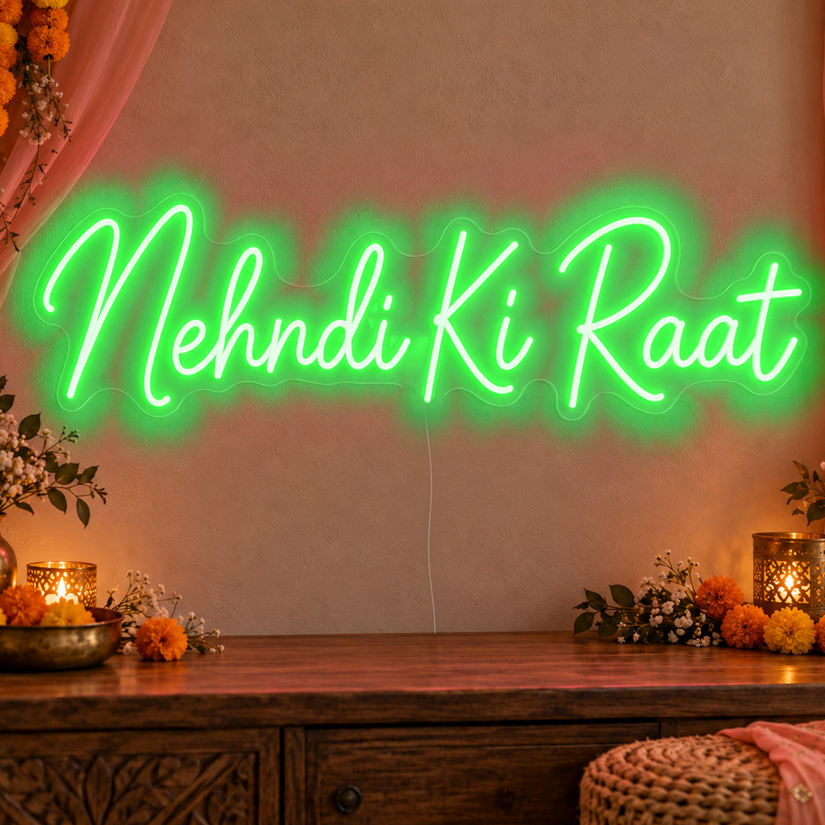 Mehndi Ki Raat Neon Sign in green LED neon on clear acrylic, angled view