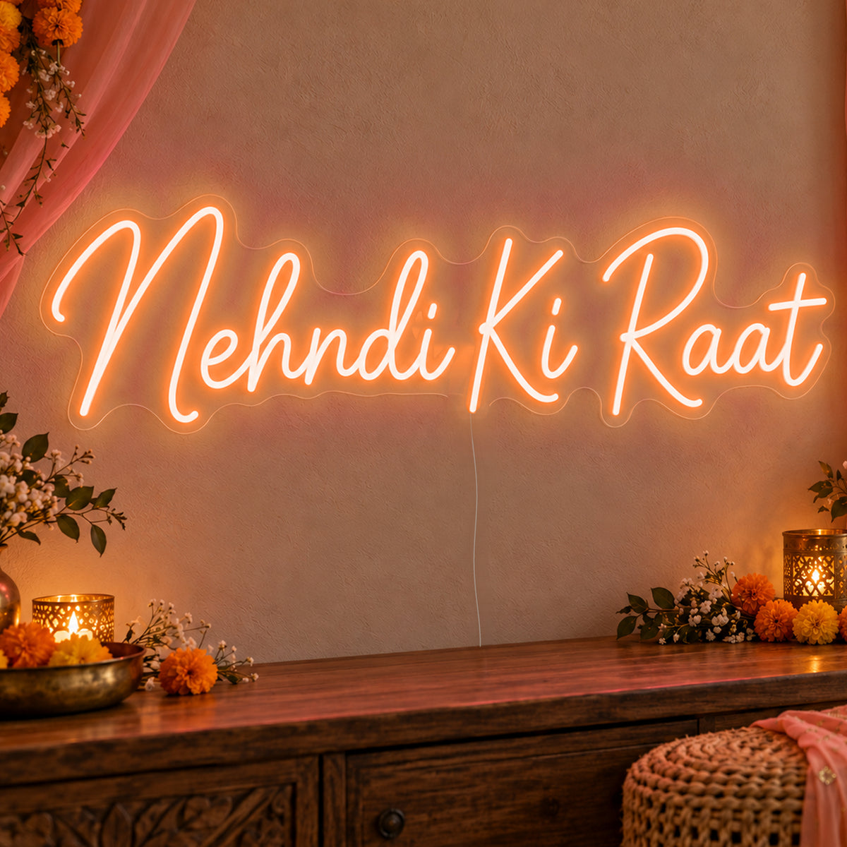 Mehndi Ki Raat Neon Sign in orange LED neon on clear acrylic, angled view