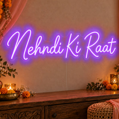 Mehndi Ki Raat Neon Sign in purple LED neon on clear acrylic, angled view
