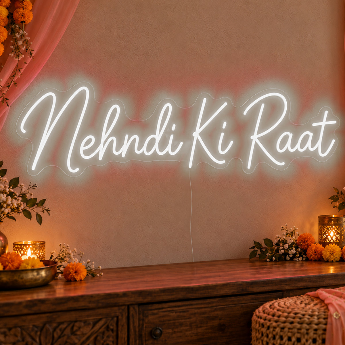 Mehndi Ki Raat Neon Sign in white LED neon on clear acrylic, angled view