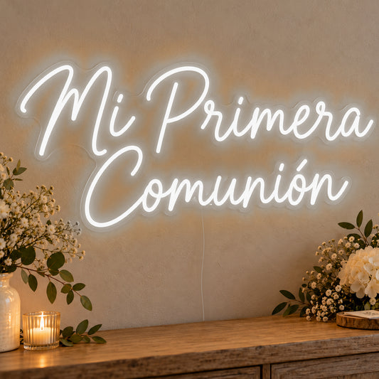 Mi Primera Comunión Neon Sign in white LED neon on clear acrylic, angled view