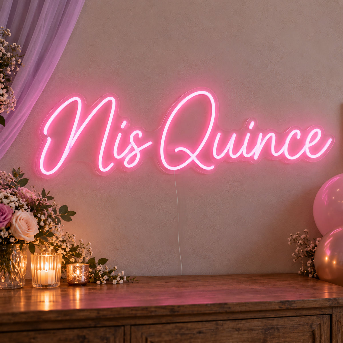 Mis Quince Neon Sign on clear cut-to-shape acrylic, illuminated on a wall in a styled celebration setting