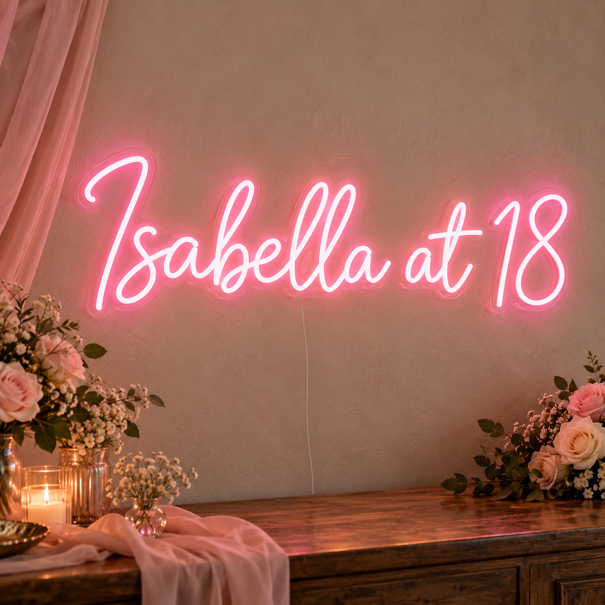 Personalised Name At 18 Neon Sign on clear cut-to-shape acrylic in an illuminated wall display; example personalisation shown.