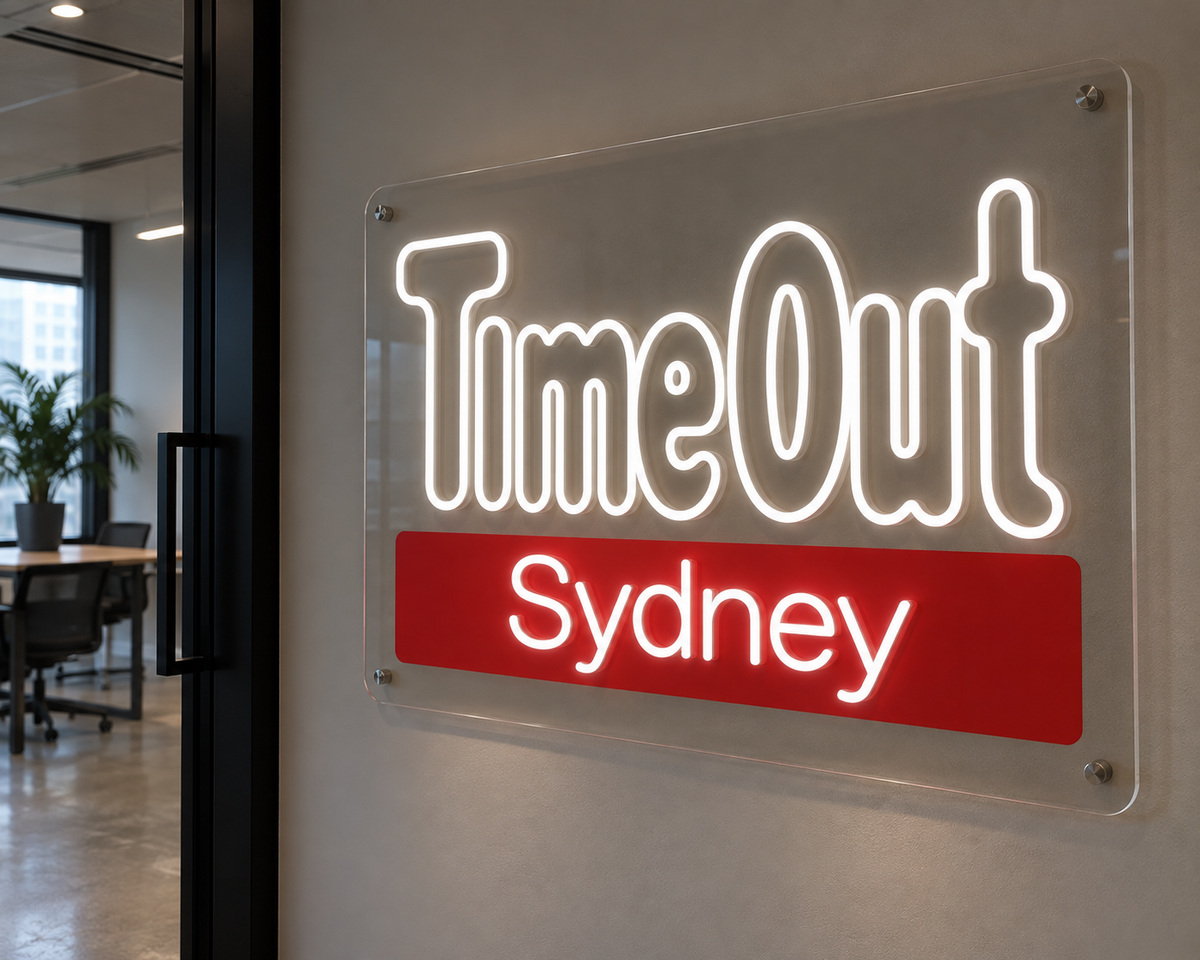 White TimeOut Sydney LED neon sign on clear acrylic, shown as custom sign inspiration for Glebe.