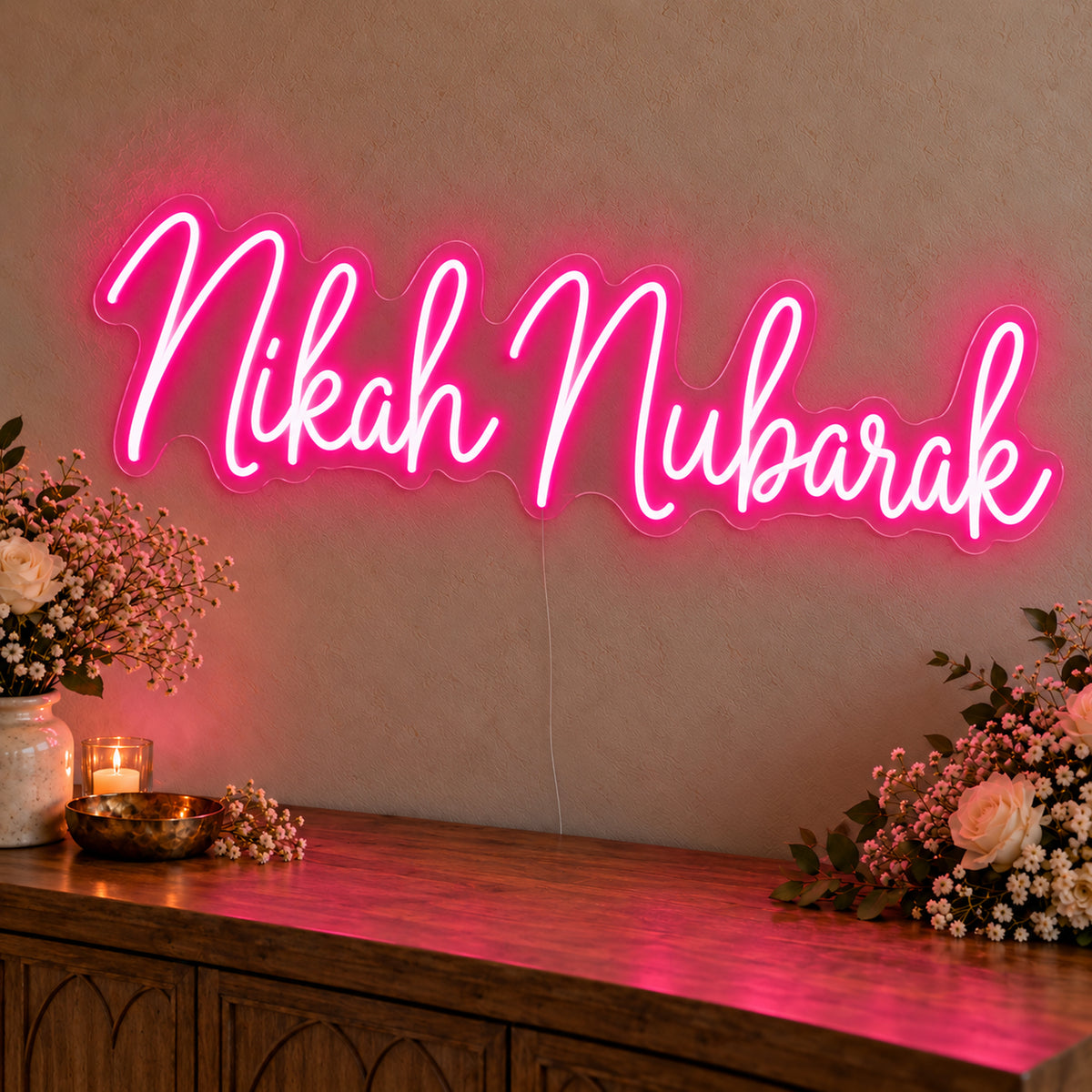 Nikah Mubarak Neon Sign in rose red LED neon on clear acrylic, angled view