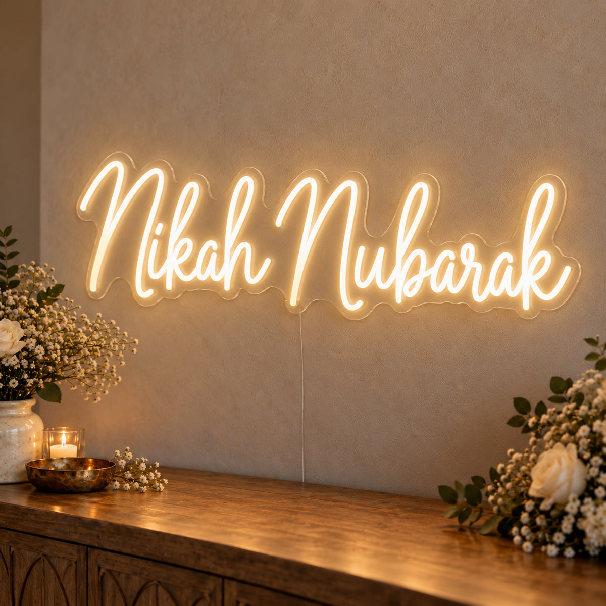 Nikah Mubarak Neon Sign in warm white LED neon on clear acrylic, angled view