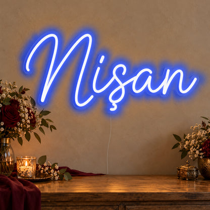 Nişan Neon Sign in blue LED neon on clear acrylic, angled view