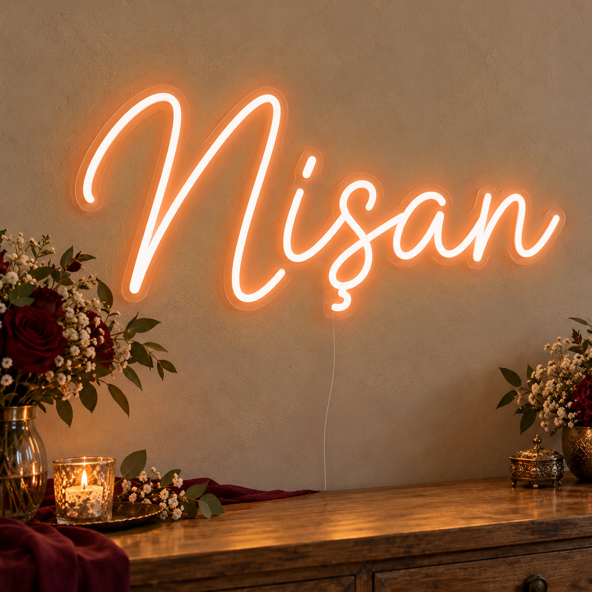Nişan Neon Sign in orange LED neon on clear acrylic, angled view
