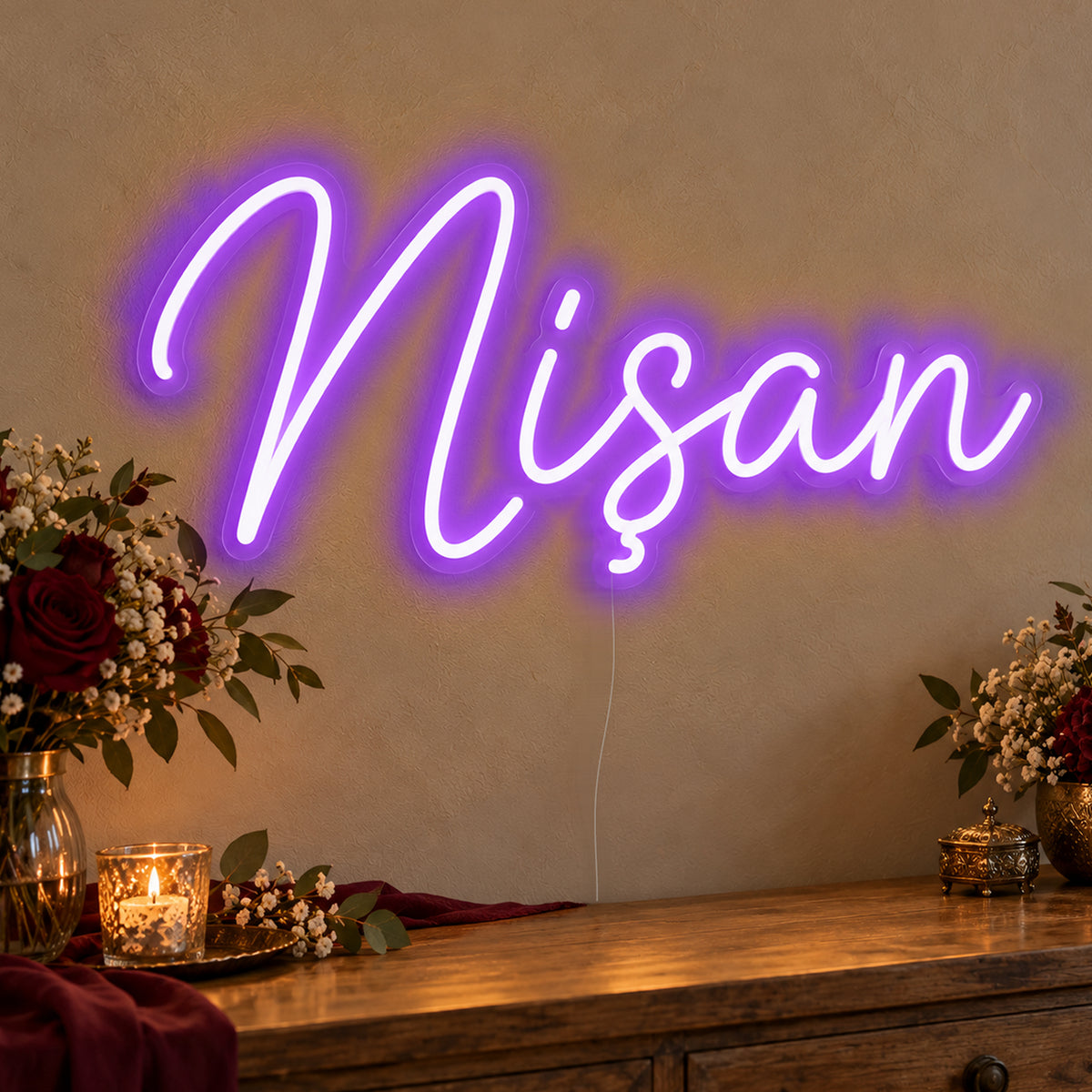 Nişan Neon Sign in purple LED neon on clear acrylic, angled view