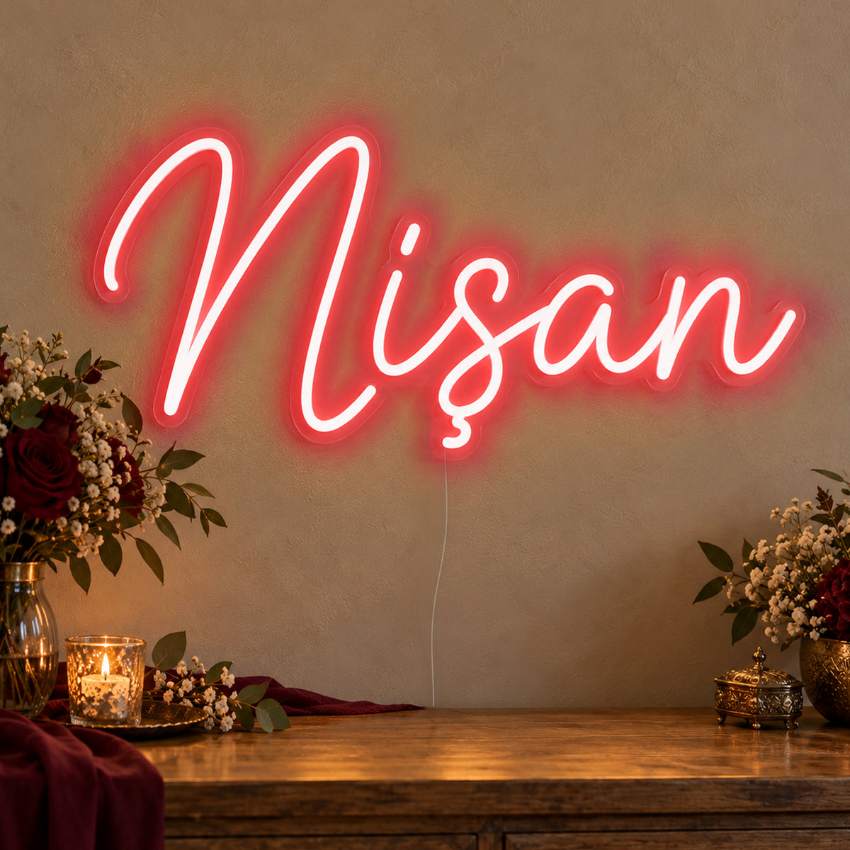 Nişan Neon Sign in red LED neon on clear acrylic, angled view