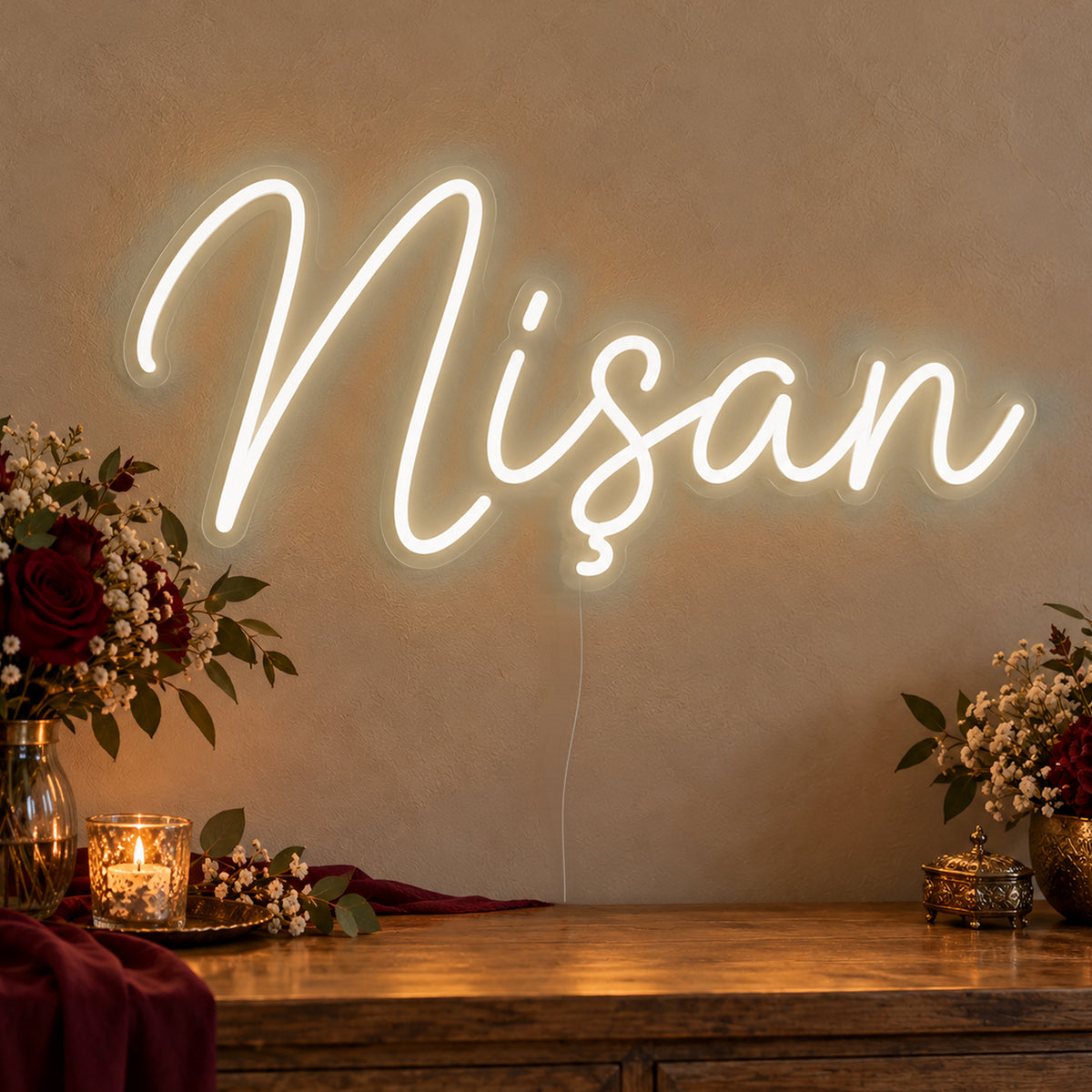Nişan Neon Sign in warm white LED neon on clear acrylic, angled view